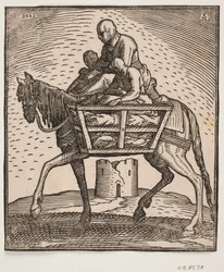 Cavaleiro com capuz puxado para baixo sobre o rosto; em cada lado do cavalo uma caixa na qual um humano se senta; perfil voltado para v.; abaixo do cavalo há uma torre cilíndrica em ruínas