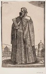 Embaixador em traje europeu (veneziano?), 3/4 de perfil para v.; na mão direita ele segura uma pasta