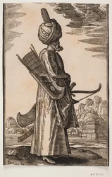 Arqueiro em pé, perfil à direita