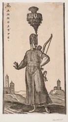 Soldado em pé, vista frontal, cabeça virada para h.; ele carrega arco sobre o braço esquerdo, aljava nas costas e espada no lado esquerdo; ele estende o braço direito para trás de forma coquete; na volta ou seja e t.v. dois edifícios semelhantes a fortalez
