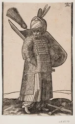 Soldado barrigudo em pé, com a mão direita no bolso, voltado para a direita; duas penas no turbante; por v. espada lateral, no v. escudo de braço com arbusto de penas; no chão na frente dele estão o clube de guerra e a lança sobre a cruz