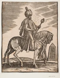 Cavaleiro de turbante com uma espada no lado direito e uma clava de guerra na mão esquerda, perfil para a direita; ao fundo, um obelisco