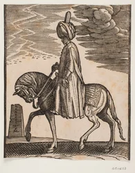 Cavaleiro de turbante desarmado, perfil para a esquerda; na frente do cavalo, um obelisco em ruínas