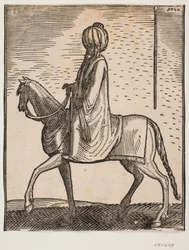 Cavaleiro de turbante desarmado, perfil para a esquerda; na área superior direita da imagem, um delineamento separado de uma vara