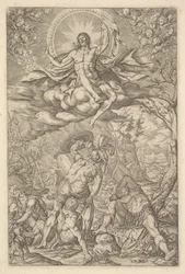 A Ressurreição de Cristo, englobada por uma auréola e nuvens com linhas de putti aladas a..., 1577.