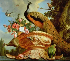Um pavão em uma urna decorativa