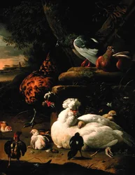 Uma galinha com pintos, um galo e pombos numa paisagem (óleo sobre tela)