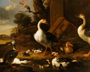 Gansos chineses e egípcios e outros pássaros em uma paisagem com ruínas nas proximidades,