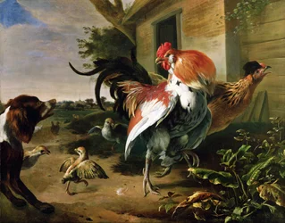 Aves de capoeira e Spaniel em um curral