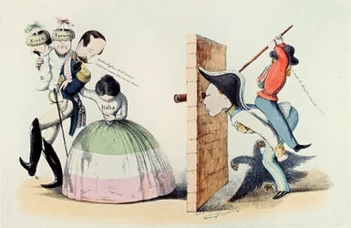 Risorgimento: Caricatura sobre o Tratado de Turim (Trattato di Torino) de 24/03/1860 (gravura)
