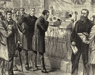 Abertura da linha telefónica anglo-inglesa. A primeira conversa telefónica entre Londres e Paris no General Post Office, em Londres. Foram utilizados instrumentos Bell na extremidade londrina. Gravura em madeira Paris, 28 de março de 1891. Gravura.