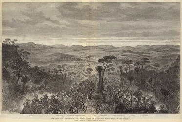 A Guerra Zulu, o avanço das tropas britânicas em Ulundi, o King&39;s Kraal à distância