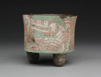 Recipiente de tripé cilíndrico com duas figuras com óculos, cAD 400 650 (cerâmica, estuque e tinta)
