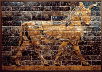 Mesopotâmia: «Touro em movimento». Tijolos esmaltados da Porta de Istar. Babilónia (Iraque) no tempo do rei Nabucodonosor II. Museu Nacional do Iraque, Iraque