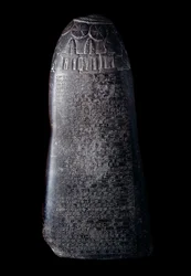 Mesopotâmia: kudurru em calcário negro do rei Marduk-sapik-zari (1082-1070 a.C.) (estela usada como testemunho das doações de terras feitas pelos soberanos cassitas da Babilónia a familiares ou altos dignitários). A inscrição está em escrita cuneiforme