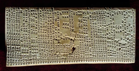 Antiquite oriental: pastilha médica gravada com escrita cuneiforme elaborada após um exame de fígado para presságios. Período Seleucide e Parthe (cerca de 300 a.C. -200 d.C.). Da Mesopotâmia. Paris, Museu do Louvre.