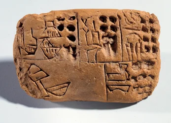 Mesopotâmia: tabuinha de argila crua com inscrição cuneiforme. Região da Suméria. 3300 a.C. Paris, Musée du Louvre