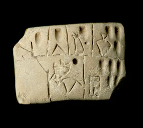 Mesopotâmia: tabuinha de argila com contas em escrita cuneiforme. Do templo de Eanna dedicado à deusa Inanna (equivalente de Ishtar entre os Sumérios) em Uruk. 3200 a.C. Dimensões 6,4 x 4,7 cm, Museu Iraquiano, Bagdade