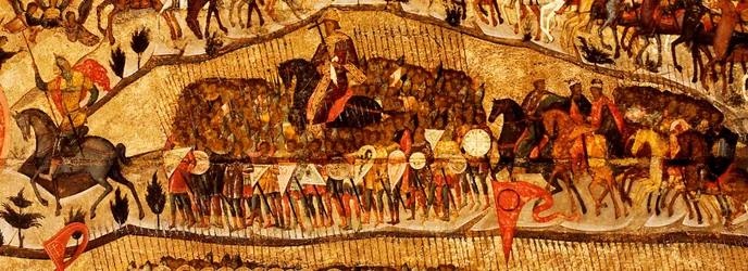 Bendito seja o anfitrião do rei dos céus Detalhe: Guerreiros Gama: Ivan IV, Vladimir Monomakh, Vladimir I, Boris e Gleb, 1550s