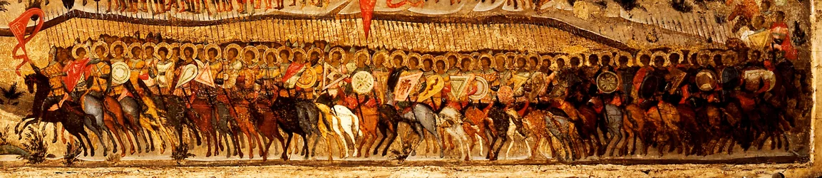 Bendito seja o anfitrião do rei dos céus Detalhe: gama de guerreiros mais baixos conduzida por Alexander Nevsky e Saint George, década de 1550