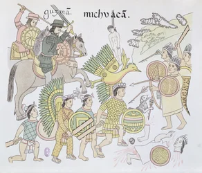 Batalha de Michoacán entre os Espanhóis e os Astecas, ilustração de um fac-símile de uma história ilustrada indígena mexicana, Lienzo de Tlaxcala, c. 1550, 1892