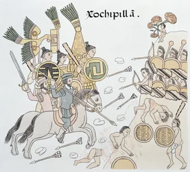 Batalha de Xochipilla entre os Espanhóis e os Astecas, ilustração de um fac-símile da história pictórica índia mexicana Lienzo de Tlaxcala de c.1550, 1892