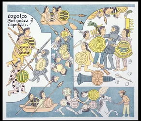 Batalha final entre Hernando Cortes (1485-1547) e Cuauhtemoc em Tenochtitlan, agosto de 1521, ilustração de um fac-símile de uma história de imagem indiana mexicana Lienzo de Tlaxcala de c.1550, 1892 (colo