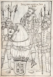 MS Hunter 242 f.249v Philip II sentado a cavalo, usando a ordem do Velocino de Ouro, cercado por homens de armas, ilustração da Historia de Tlaxcala de Diego Munoz Camargo (caneta e tinta)