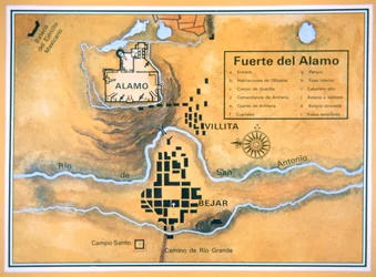 Mapa da área do Álamo em San Antonio com base no mapa original do campo de batalha de Santa Anna