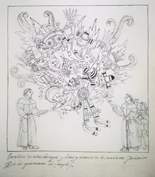 Ms. Hunter 242 f.242r Frades Franciscanos Queimam Livros Tradicionais e Roupas, de Historia de Tlaxcala por Diego Munoz Camargo