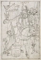 Sra. Hunter 242 f.249r Cristovão Colombo (1451-1506) Simbolicamente oferece o Novo Mundo a Carlos V (1500-08), de Historia de Tlaxcala por Diego Munoz Camargo