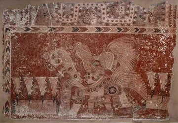 Fragmento mural com folhas Elite macho e cacto Maguey, estilo Teotihuacán, período clássico, 500-550