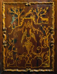 Armário de madeira de linho estilo rococó com incrustações e base policromada, período colonial