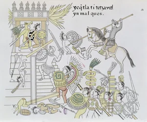 A queima dos ídolos por Hernán Cortés, ilustração de um fac-símile de uma crónica pictórica dos índios mexicanos, Lienzo de Tlaxcala, de c. 1550, 1892