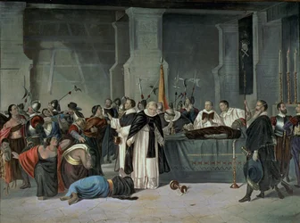 O Funeral do Inca Atahualpa na cidade de Cajamarca assistido por Francisco Pizarro (c.1475-1541) (óleo sobre tela)