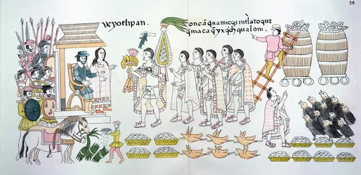 O cacique de Tlaxcalan, Maxixcatzin, apresenta um buquê de rosas e outros presentes a Hernando Cortes (1485-1547) como sinais de boas-vindas, ilustração de um fac-símile de uma história da imagem do índio mexicano.