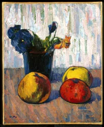 Natureza morta com maçãs e vaso de flores (óleo sobre tela)