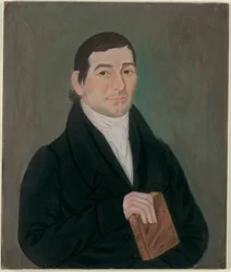 Retrato de um homem segurando um livro