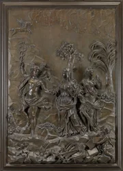Os relevos de Stowe: Mercúrio conduzindo poesia trágica e cômica para a colina de Parnaso, c.1740 (lenha bronzeada)