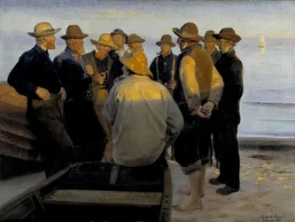 Pescadores à beira-mar em uma noite de verão