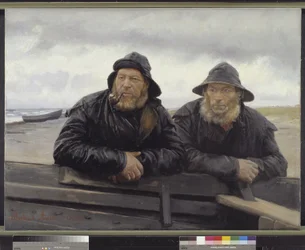 Dois pescadores ao lado de um barco