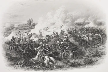 A Batalha de Moodkee, 1845, gravada por CH Jeens, da &39;Galeria de Retratos Históricos&39;, publicada em 1880