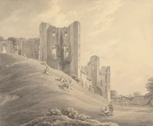 Castelo Kenilworth, com figuras na encosta