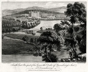 Perspectiva do Sudeste de seu assento na Graça, o Duque de Queensberry, em Drumlanrig, Escócia, 1775