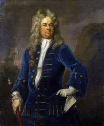Retrato do Capitão Robert Harland (ca. 1680-1751), segurando um telescópio (vista longa) na mão. Óleo sobre tela, cerca de 1707-1711 por Michael Dahl (1659-1743).