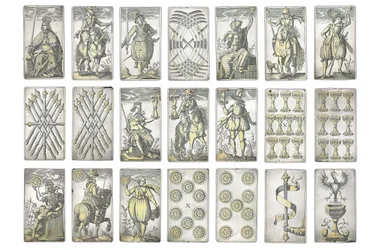 Detalhe de um conjunto extremamente raro de 52 cartas de jogar gravadas nos quatro naipes italianos, Augsburg