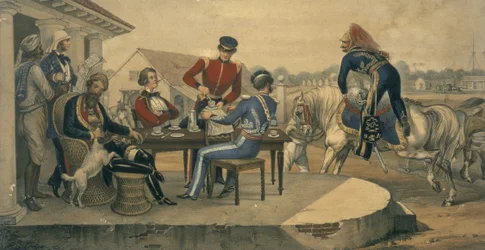 A Coffee Party em uma estação militar na Índia, c.1850 (gravura colorida)