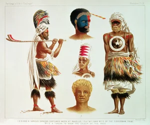 Vários trajes de dança usados em Nakello, Fiji, ilustração de &39;The Voyage of HMS Challenger&39;