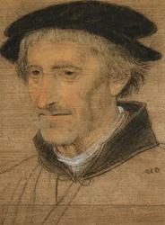 Retrato de um homem, comprimento do busto, usando um chapéu preto