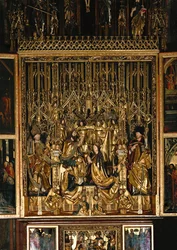 Altar de São Wolfgang, caixa: Coroação de Santa Maria ajoelhada diante de Cristo Rei, com o Espírito Santo a pairar sobre ela